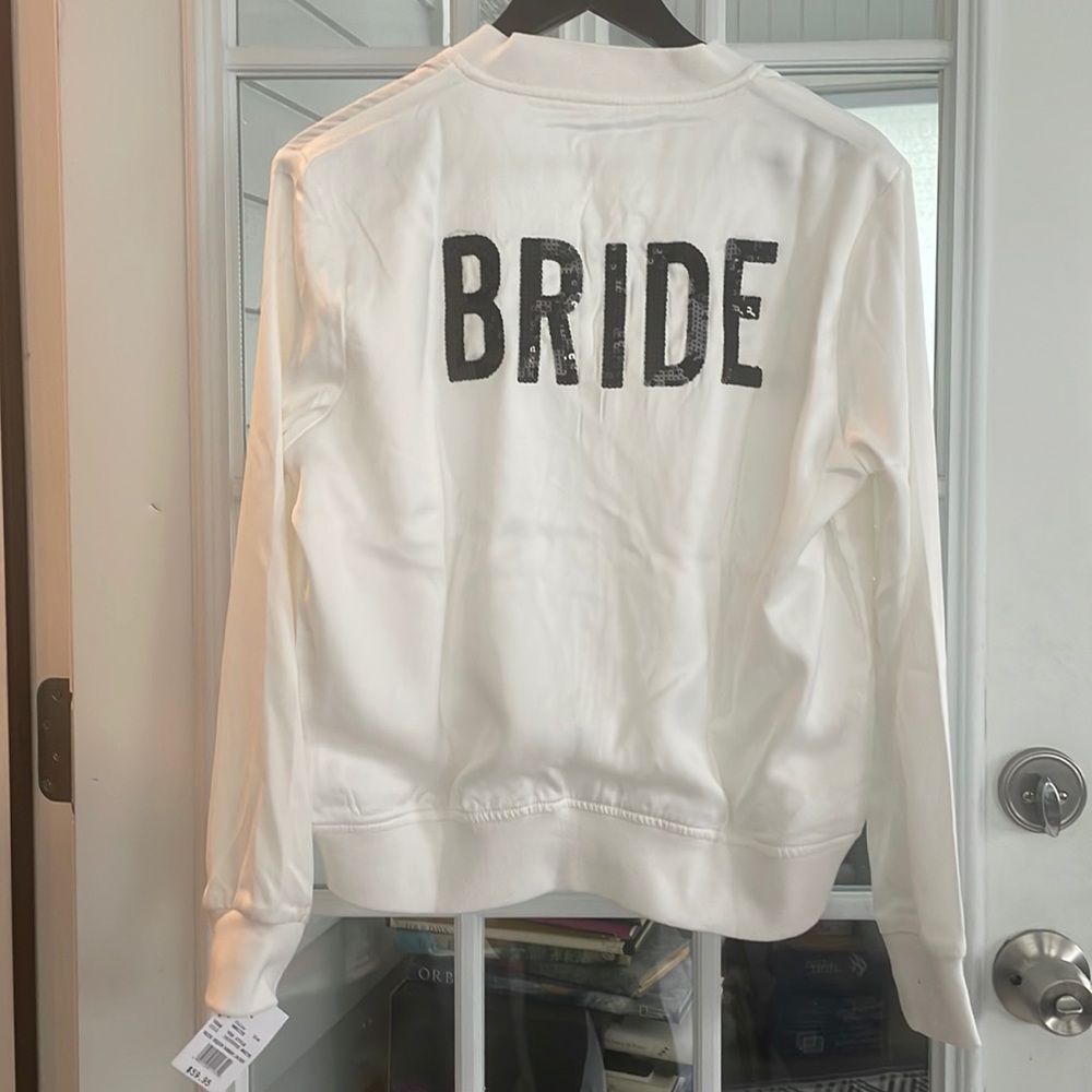 Brand new white light weight jacket with black sequin BRIDE back